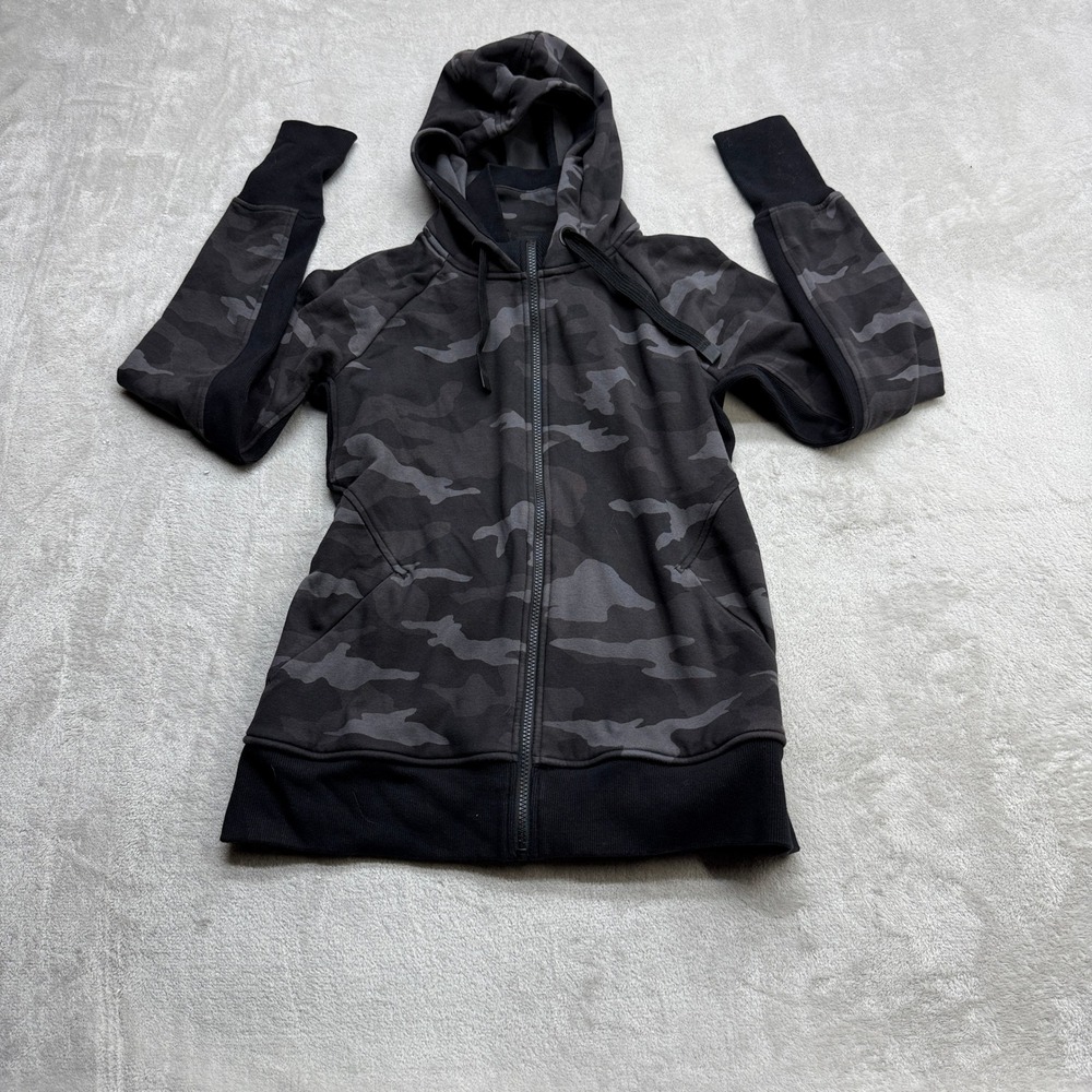 Athleta Full Zip Hoodie Womens Medium Black Gray Camo Thumbhole Pockets Yoga Gym